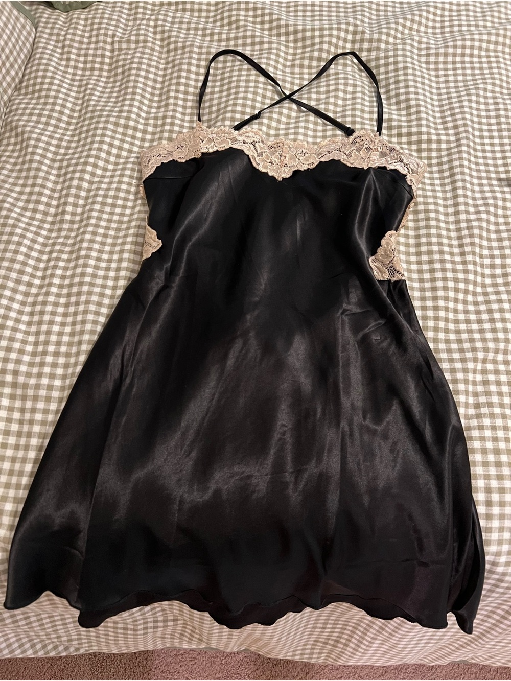 Verge Girl Black Satin Slip Dress with Nude Lace Trim